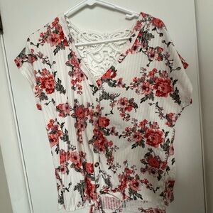 Bobbie Brooks Floral V-Neck Blouse - Pink and Red